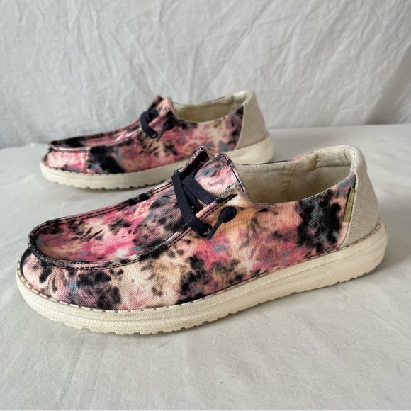 Hey Dude Shoes - Hey Dude Wendy womens canvas slip on loafers tie dye navy pink size 7